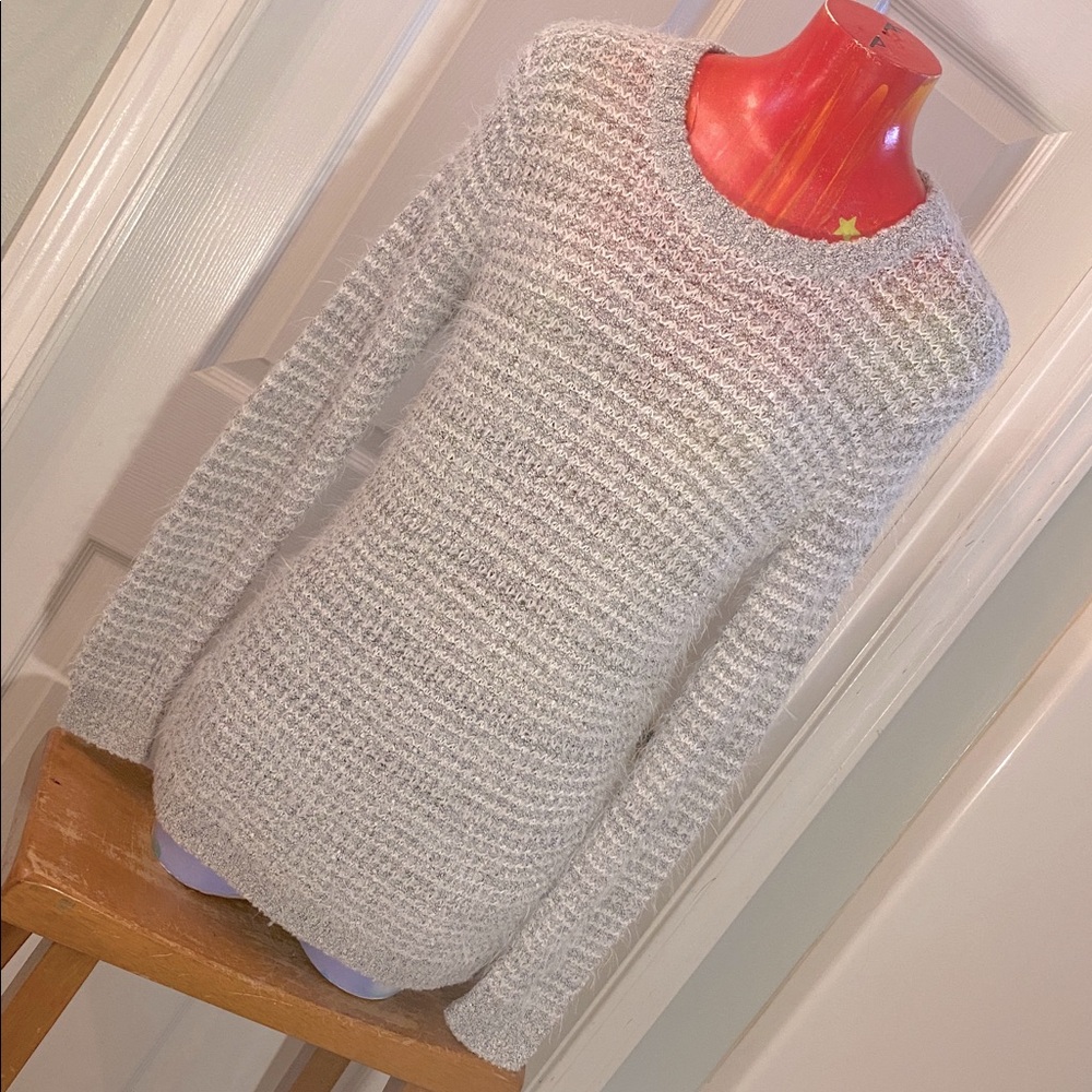 LOFT Heathered Gray Knit Fluffy Fuzzy Sweater